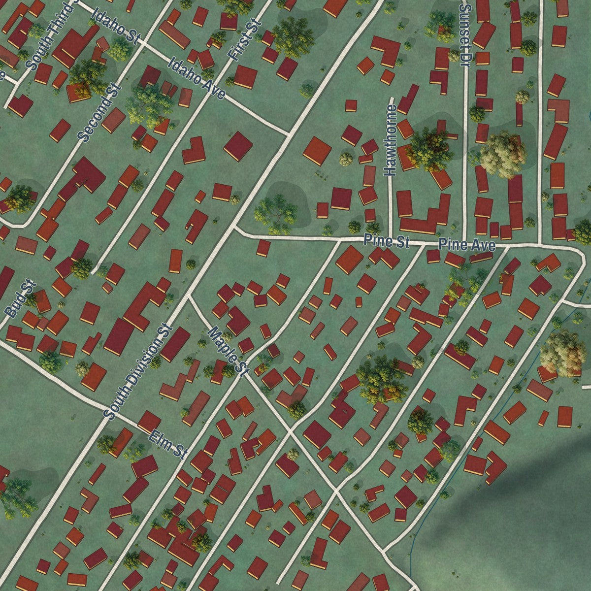 Close-up of the map of Pinehurst, Idaho print showing street and building detail