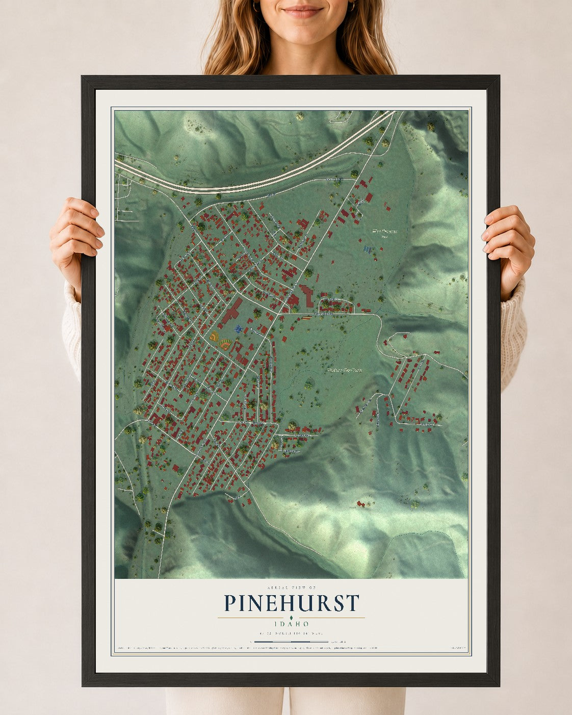 Map of Pinehurst, Idaho, 24 x 36 inch print in a black wood frame