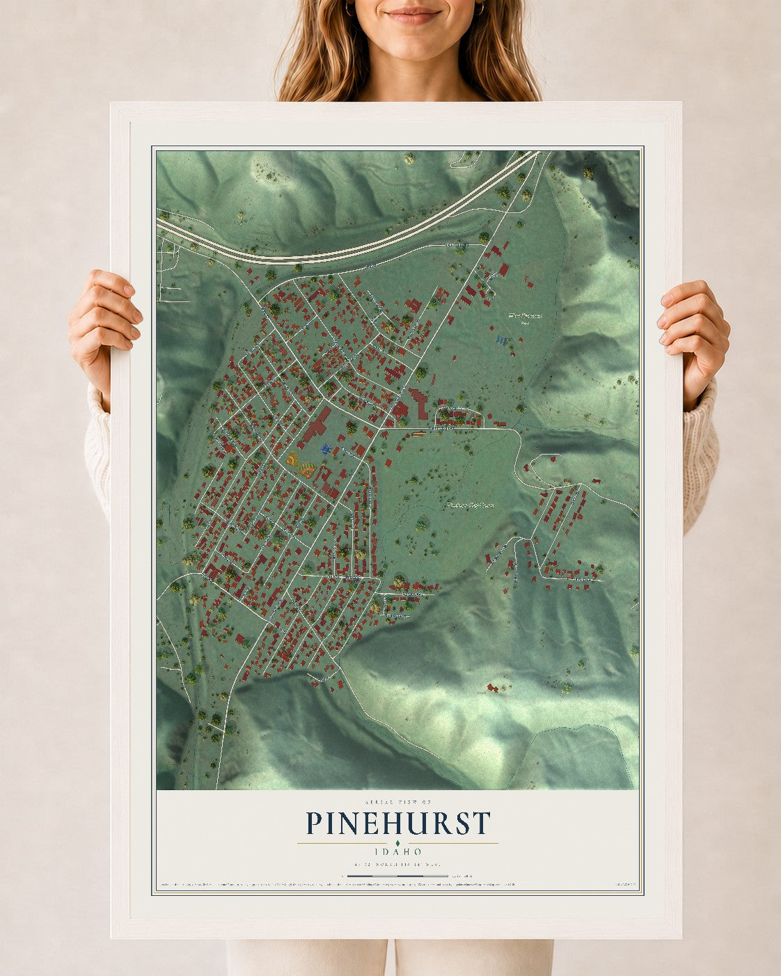 Map of Pinehurst, Idaho, 24 x 36 inch print in a white wood frame