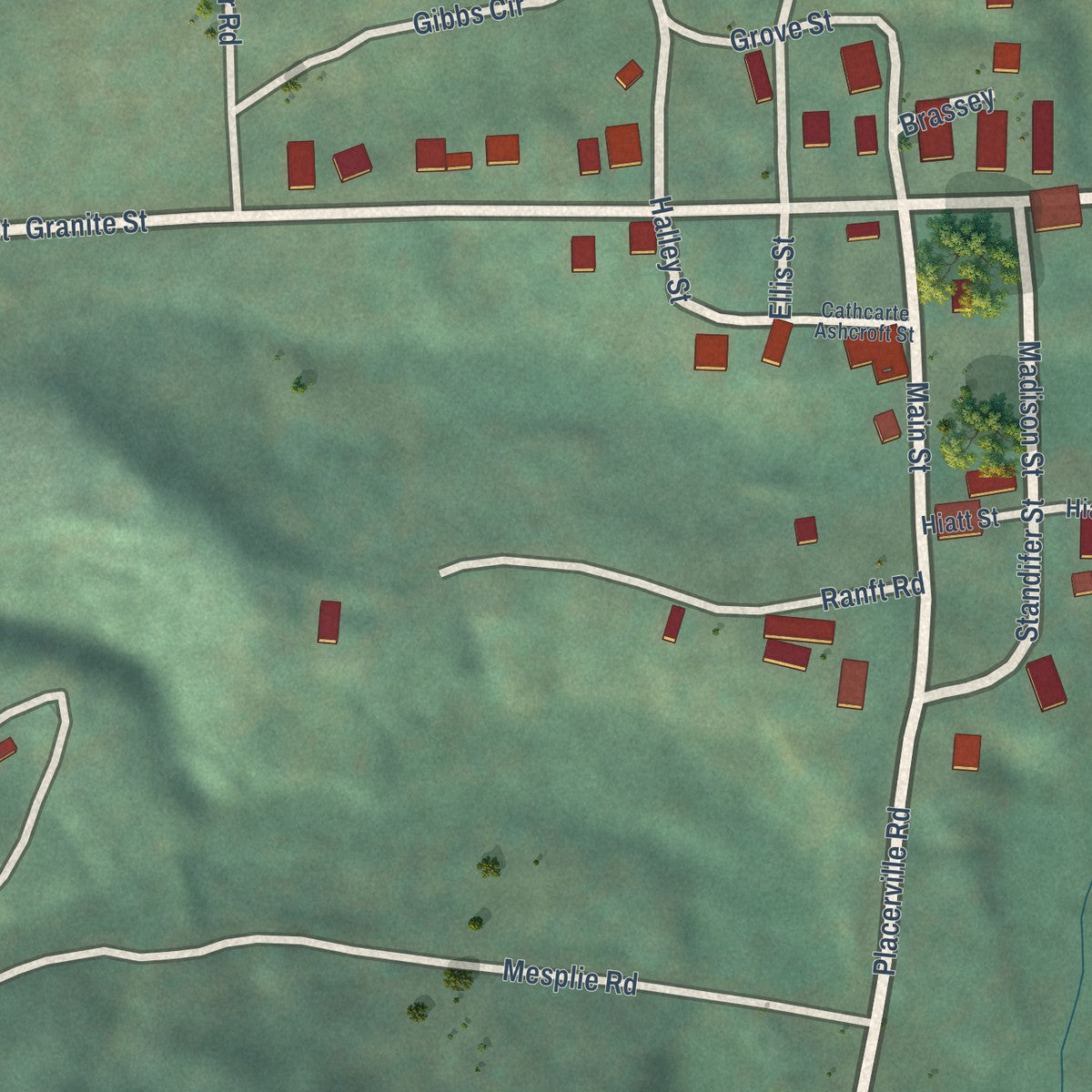 Close-up of the map of Placerville, Idaho print showing street and building detail