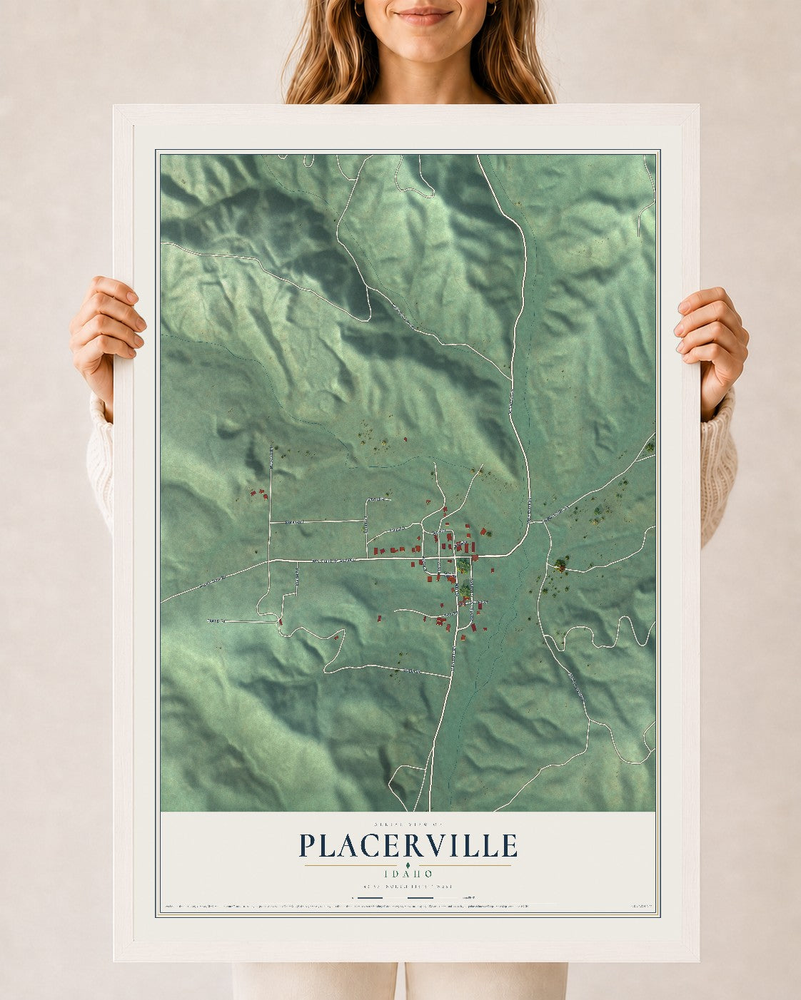 Map of Placerville, Idaho, 24 x 36 inch print in a white wood frame