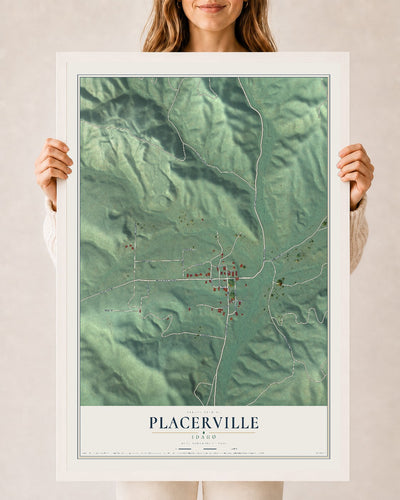 Map of Placerville, Idaho, 24 x 36 inch print in a white wood frame