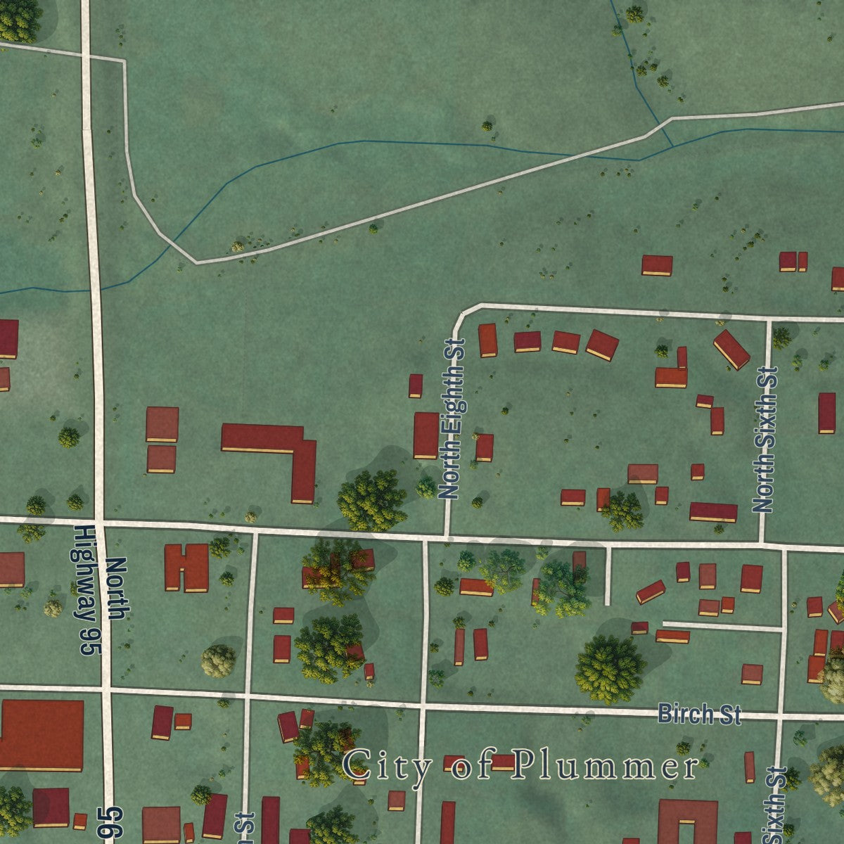 Second close-up of the map of Plummer, Idaho print showing more streets and buildings