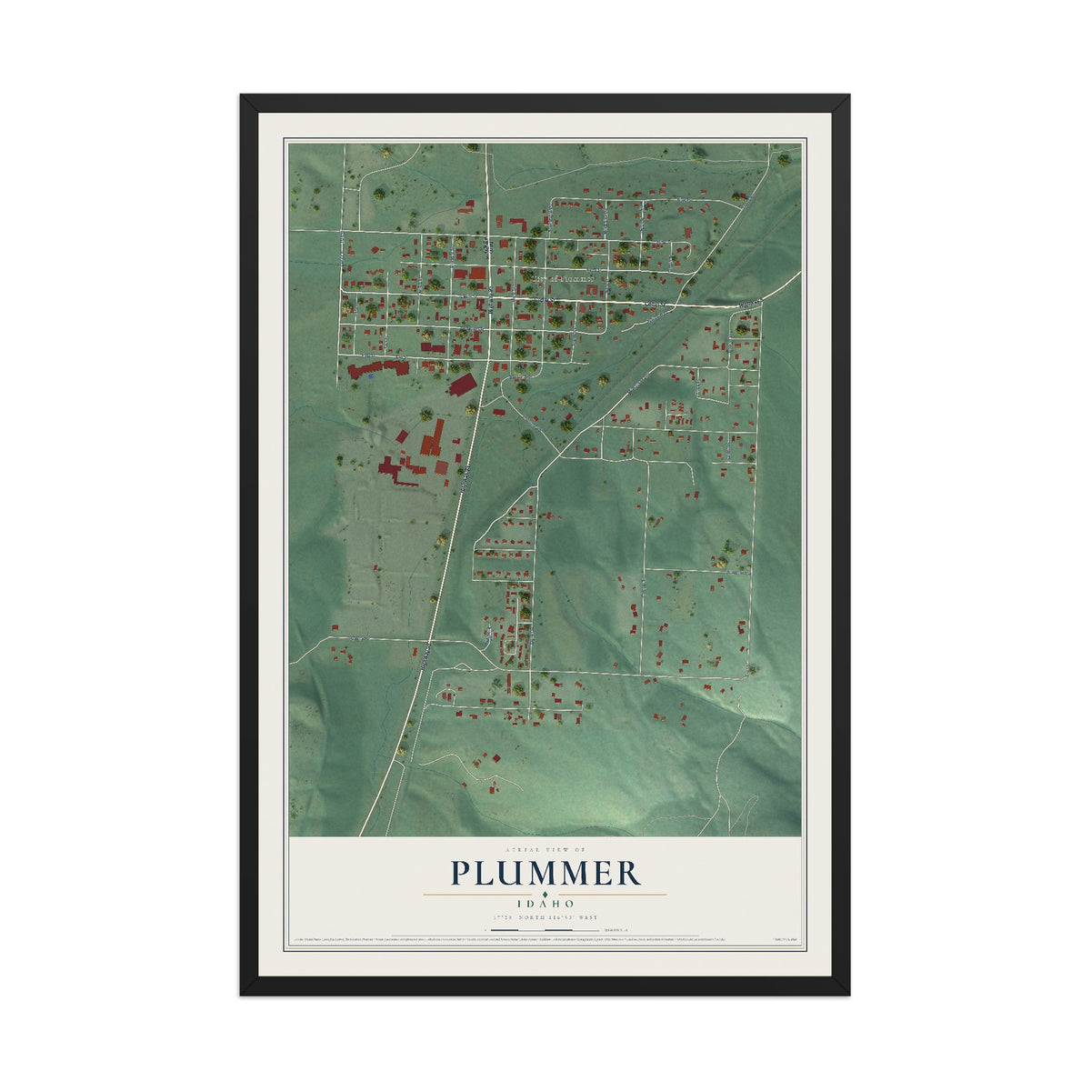 Map of Plummer, Idaho, 12 x 18 inch print in a black wood frame