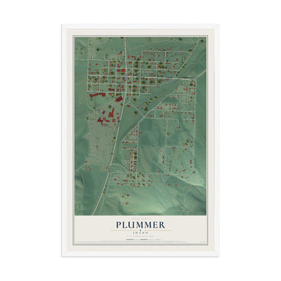 Map of Plummer, Idaho, 12 x 18 inch print in a white wood frame