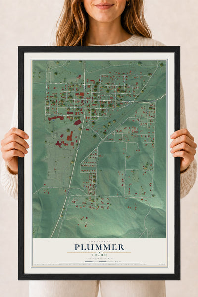 Map of Plummer, Idaho, 18 x 24 inch print in a black wood frame