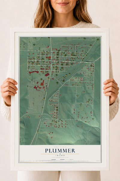 Map of Plummer, Idaho, 18 x 24 inch print in a white wood frame