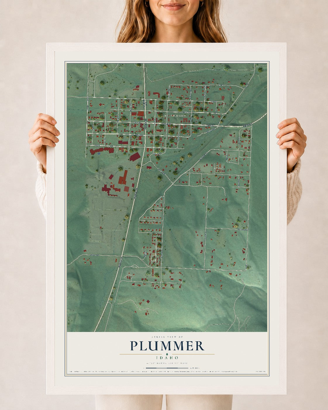 Map of Plummer, Idaho, 24 x 36 inch print in a white wood frame