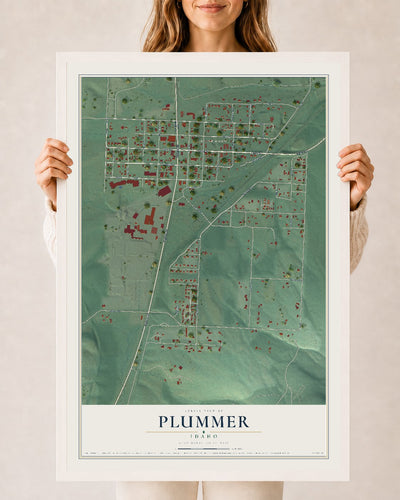 Map of Plummer, Idaho, 24 x 36 inch print in a white wood frame