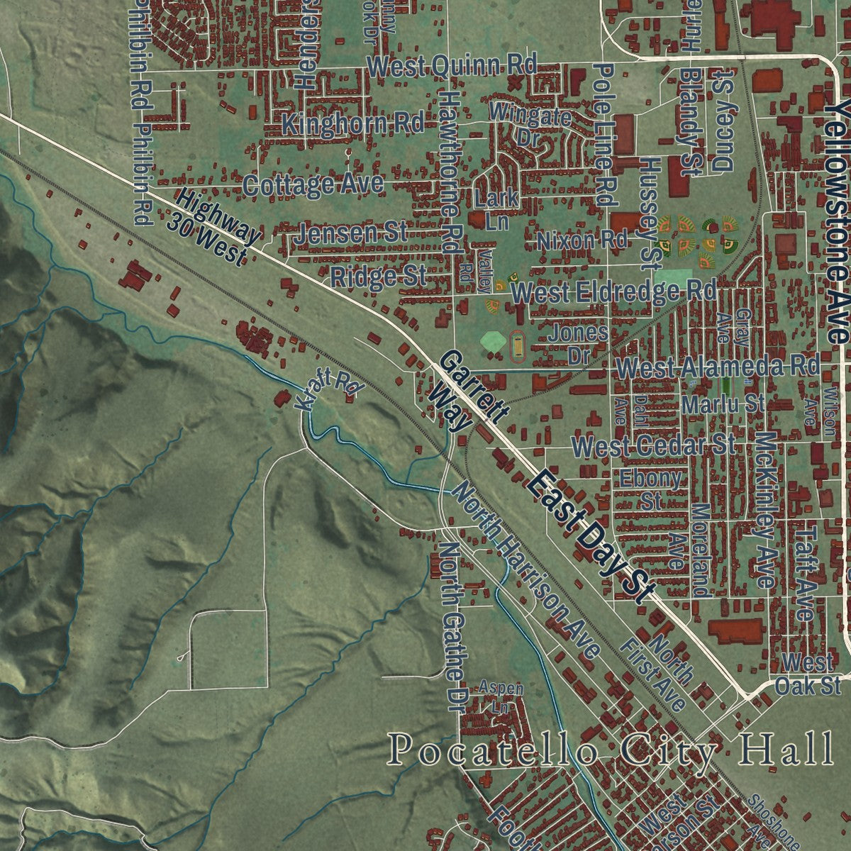 Second close-up of the map of Pocatello, Idaho print showing more streets and buildings