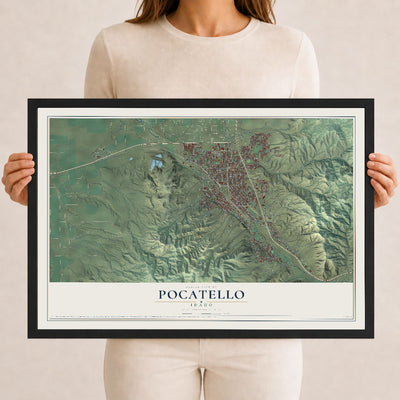 Map of Pocatello, Idaho, 12 x 18 inch print in a black wood frame