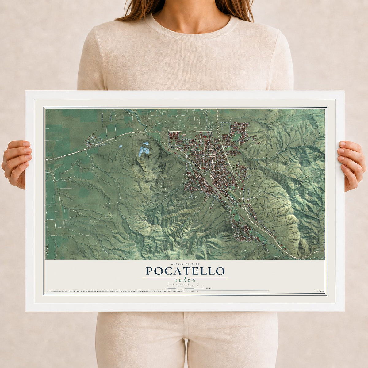 Map of Pocatello, Idaho, 12 x 18 inch print in a white wood frame