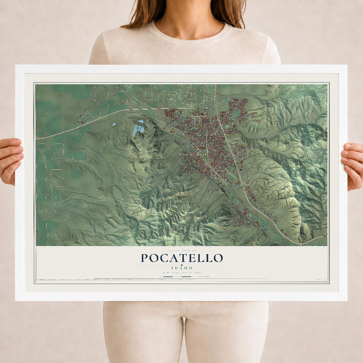 Map of Pocatello, Idaho, 18 x 24 inch print in a white wood frame