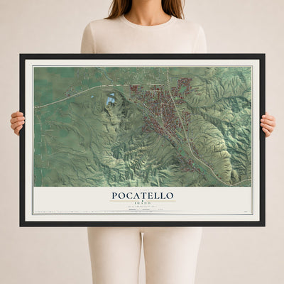Map of Pocatello, Idaho, 24 x 36 inch print in a black wood frame