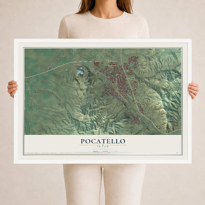 Map of Pocatello, Idaho, 24 x 36 inch print in a white wood frame