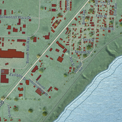 Close-up of the map of Ponderay, Idaho print showing street and building detail