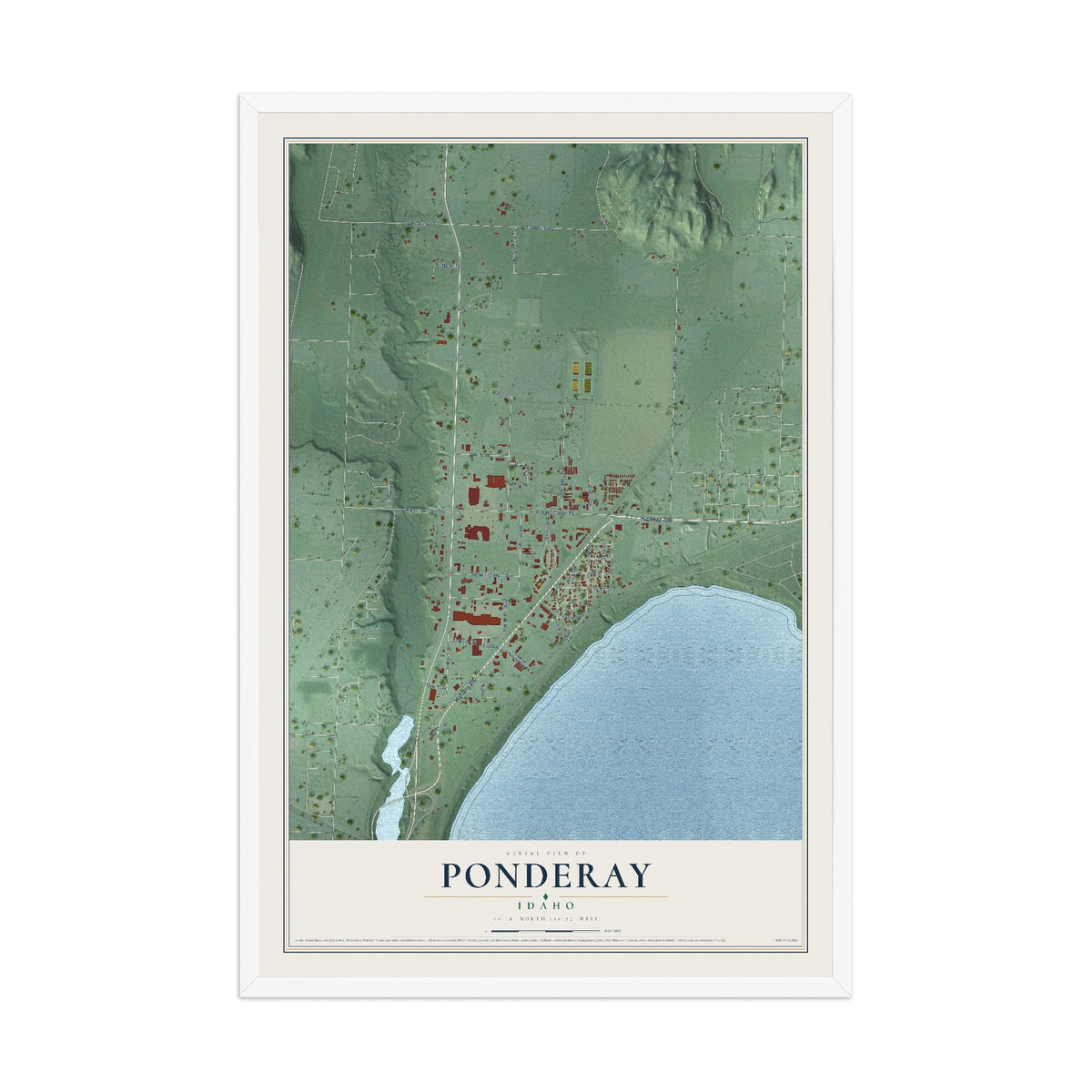 Map of Ponderay, Idaho, 12 x 18 inch print in a white wood frame
