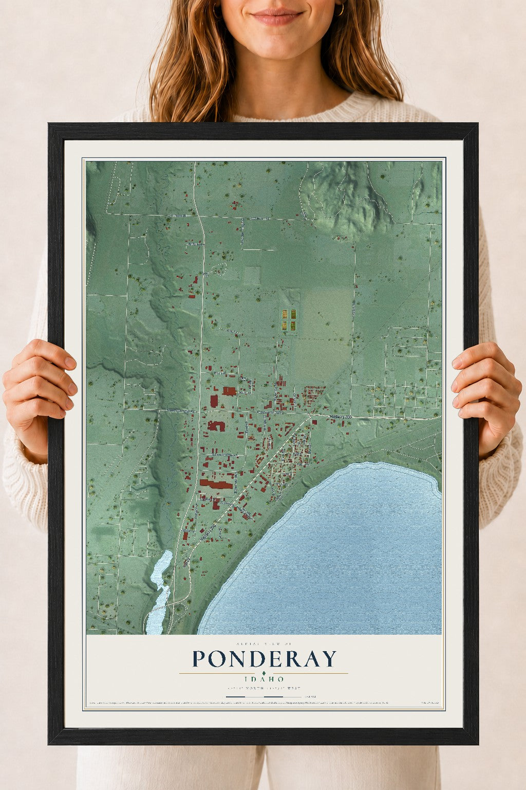 Map of Ponderay, Idaho, 18 x 24 inch print in a black wood frame