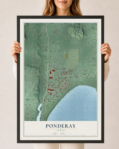 Map of Ponderay, Idaho, 24 x 36 inch print in a black wood frame