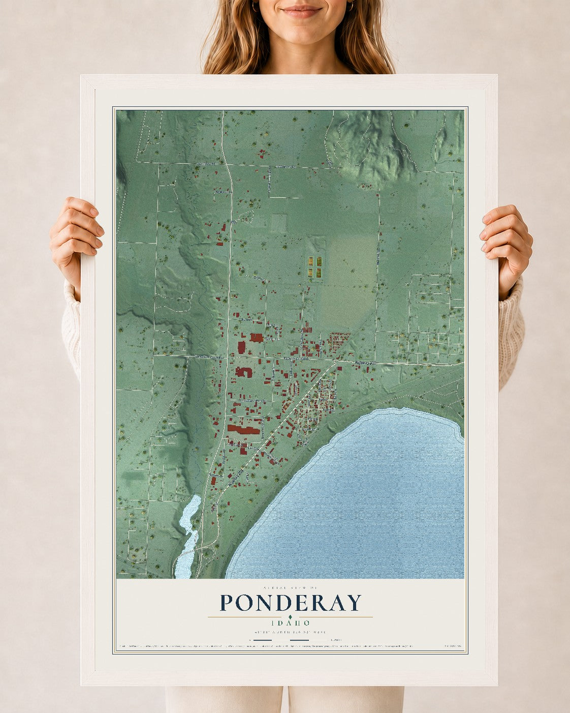 Map of Ponderay, Idaho, 24 x 36 inch print in a white wood frame