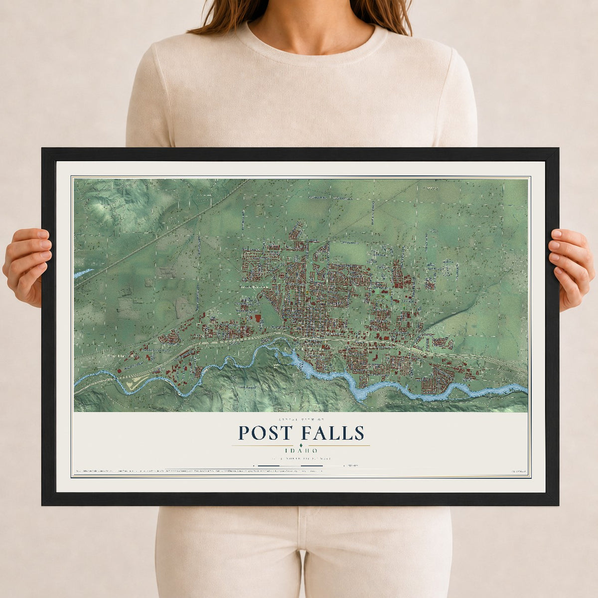Map of Post Falls, Idaho, 12 x 18 inch print in a black wood frame