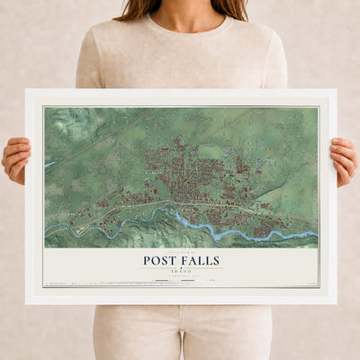Map of Post Falls, Idaho, 12 x 18 inch print in a white wood frame