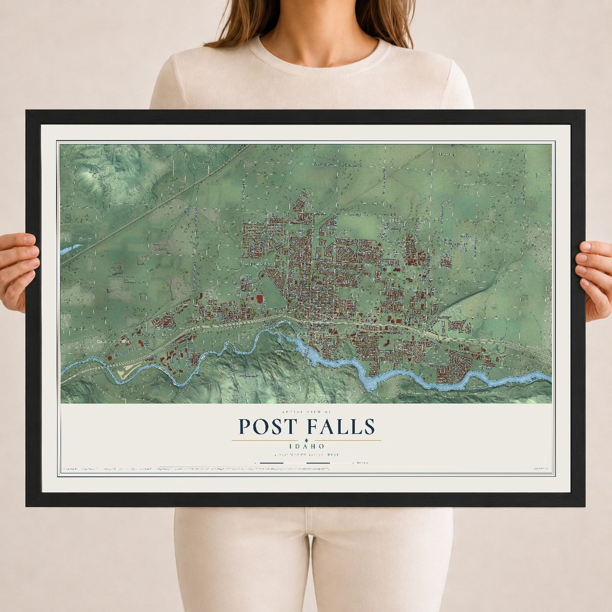 Map of Post Falls, Idaho, 18 x 24 inch print in a black wood frame
