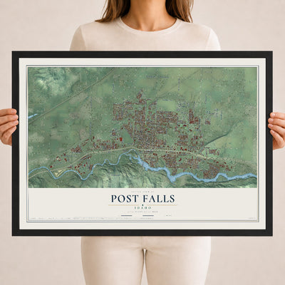 Map of Post Falls, Idaho, 18 x 24 inch print in a black wood frame