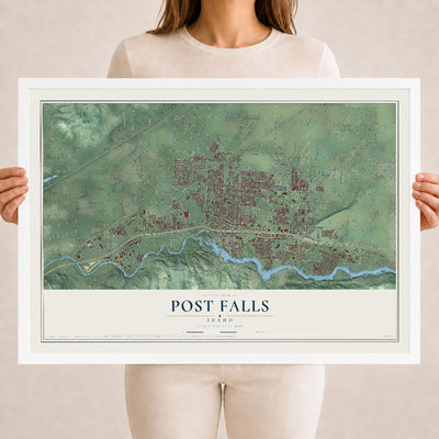 Map of Post Falls, Idaho, 18 x 24 inch print in a white wood frame