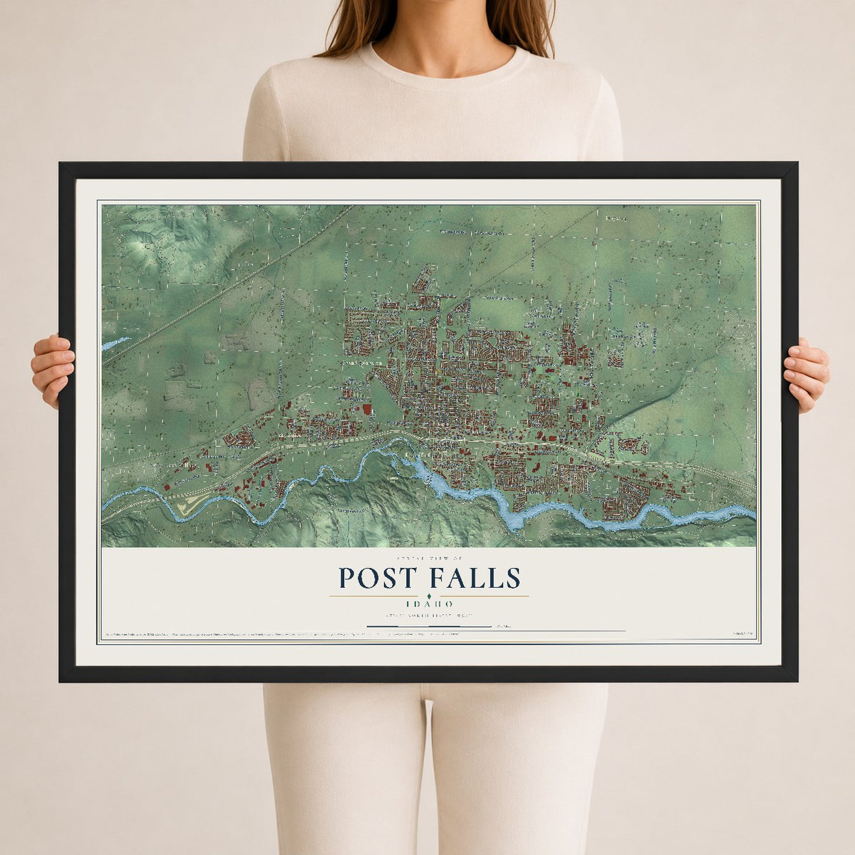 Map of Post Falls, Idaho, 24 x 36 inch print in a black wood frame
