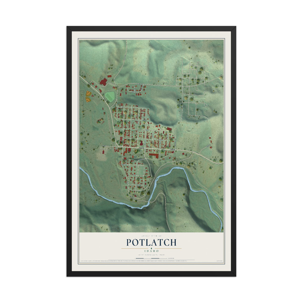 Map of Potlatch, Idaho, 12 x 18 inch print in a black wood frame