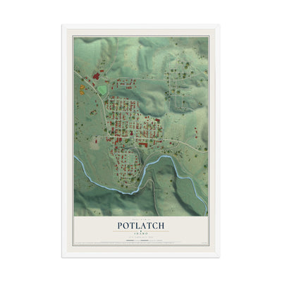 Map of Potlatch, Idaho, 12 x 18 inch print in a white wood frame