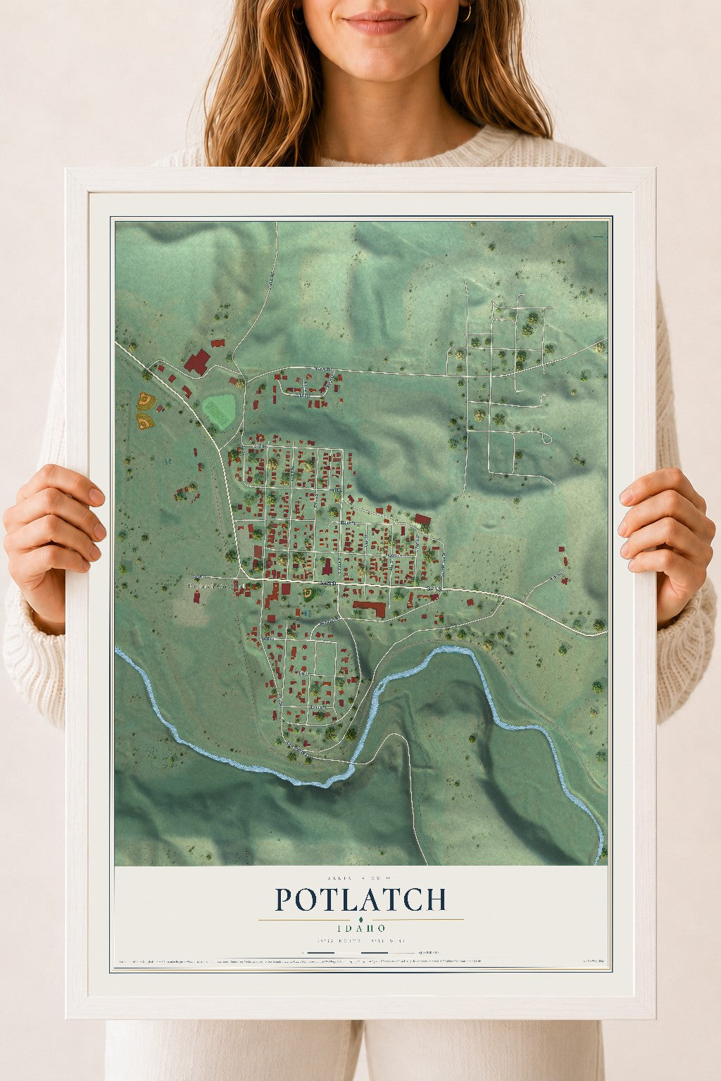 Map of Potlatch, Idaho, 18 x 24 inch print in a white wood frame