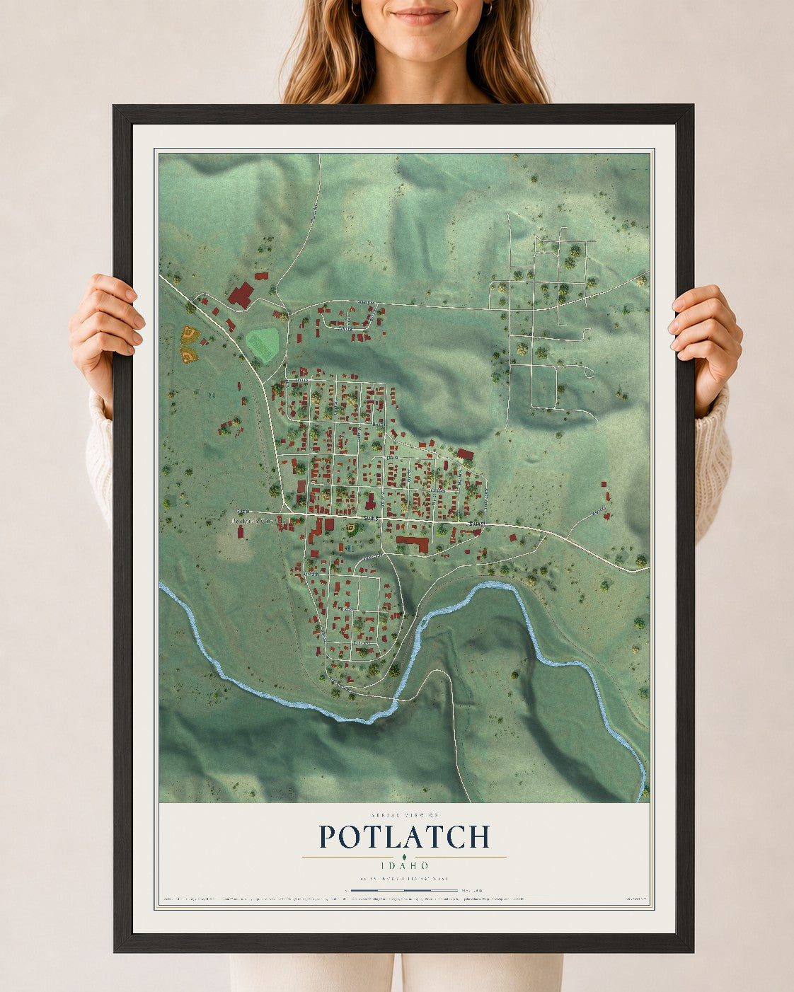 Map of Potlatch, Idaho, 24 x 36 inch print in a black wood frame