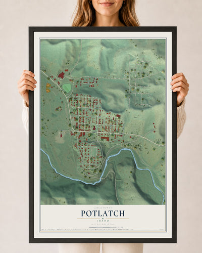 Map of Potlatch, Idaho, 24 x 36 inch print in a black wood frame