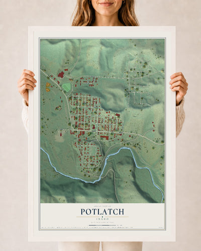 Map of Potlatch, Idaho, 24 x 36 inch print in a white wood frame