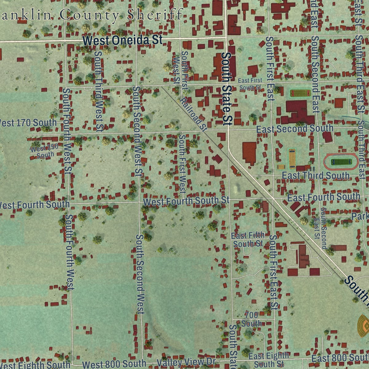 Close-up of the map of Preston, Idaho print showing street and building detail
