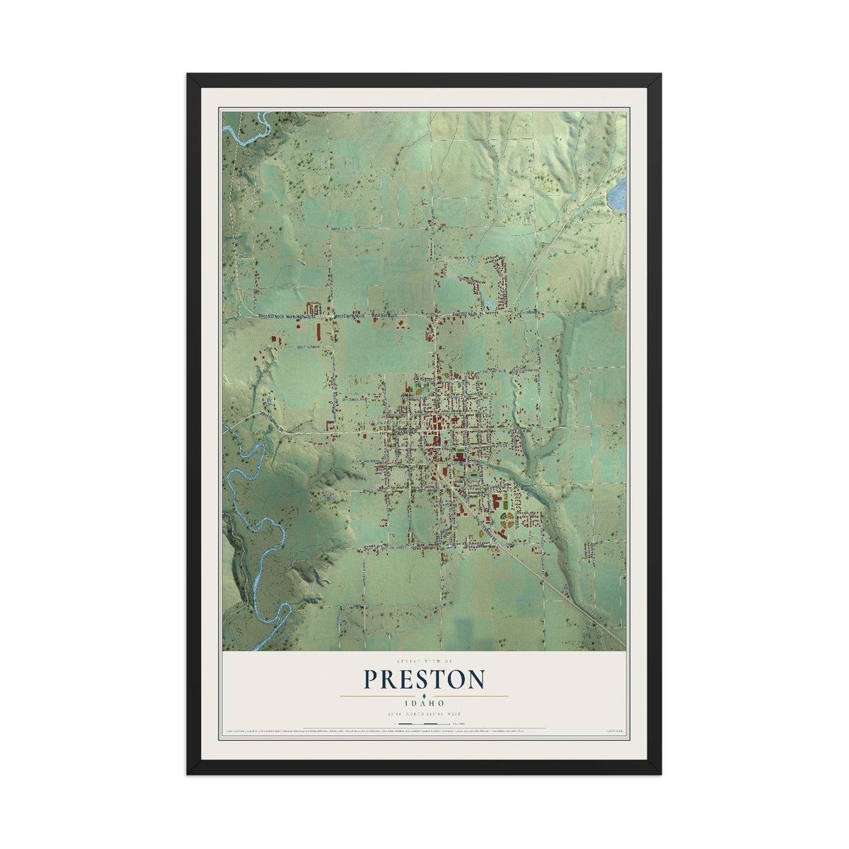 Map of Preston, Idaho, 12 x 18 inch print in a black wood frame