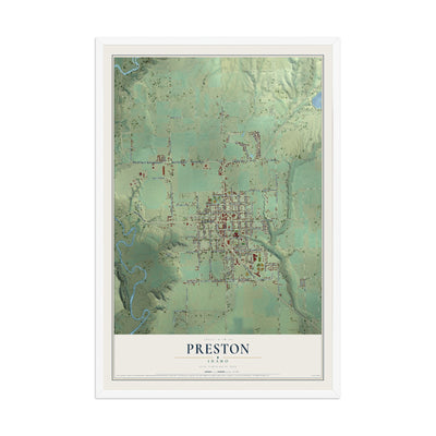 Map of Preston, Idaho, 12 x 18 inch print in a white wood frame