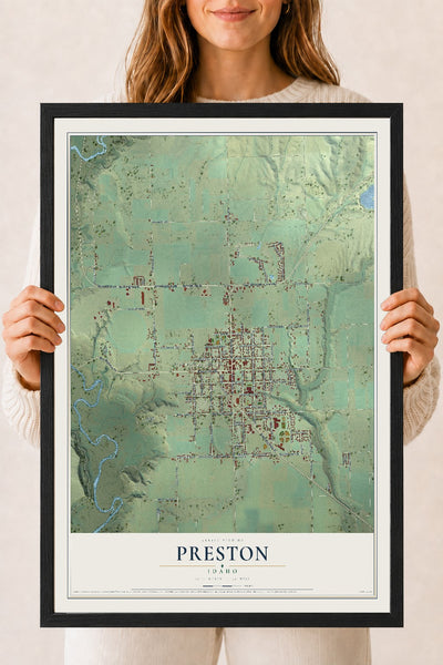Map of Preston, Idaho, 18 x 24 inch print in a black wood frame