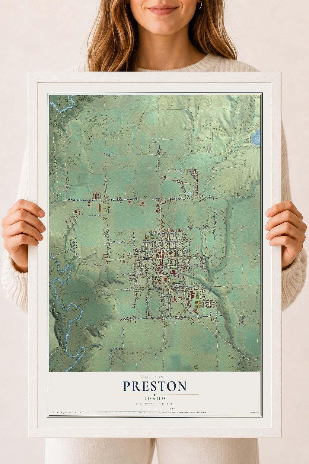 Map of Preston, Idaho, 18 x 24 inch print in a white wood frame