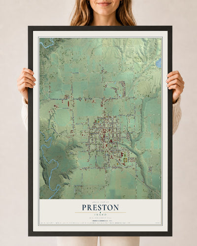 Map of Preston, Idaho, 24 x 36 inch print in a black wood frame