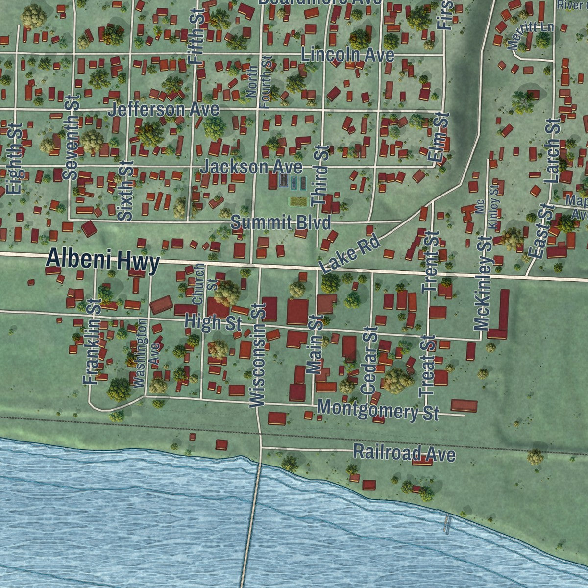 Close-up of the map of Priest River, Idaho print showing street and building detail