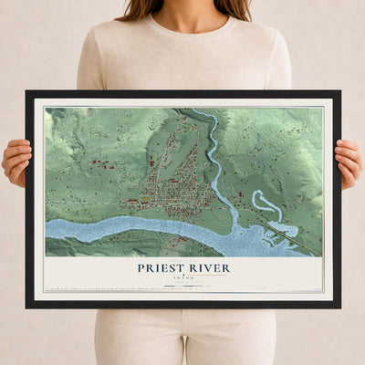 Map of Priest River, Idaho, 12 x 18 inch print in a black wood frame