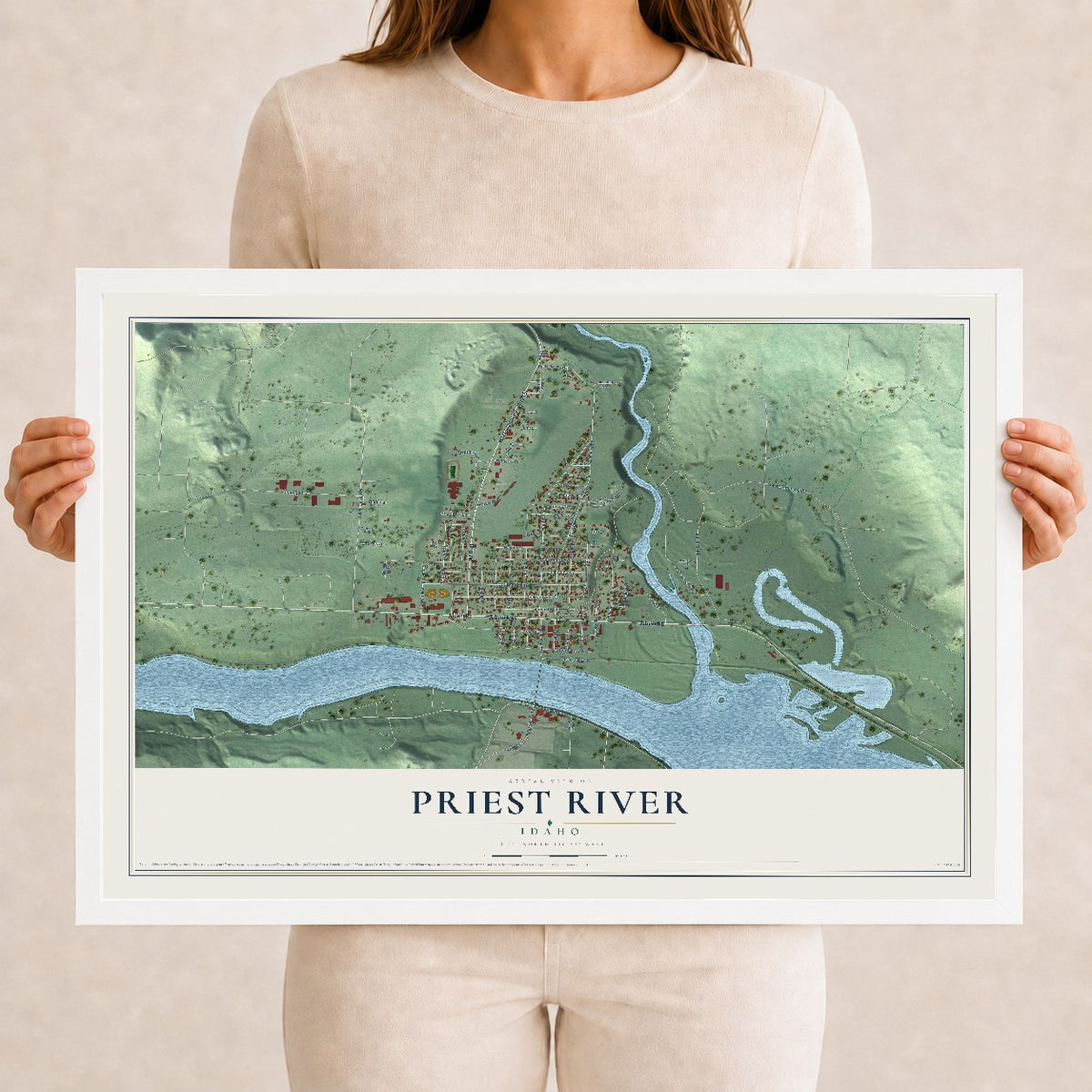 Map of Priest River, Idaho, 12 x 18 inch print in a white wood frame