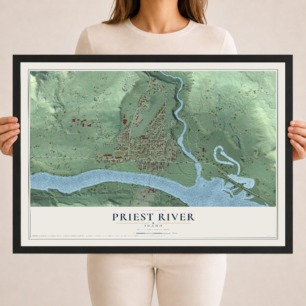 Map of Priest River, Idaho, 18 x 24 inch print in a black wood frame