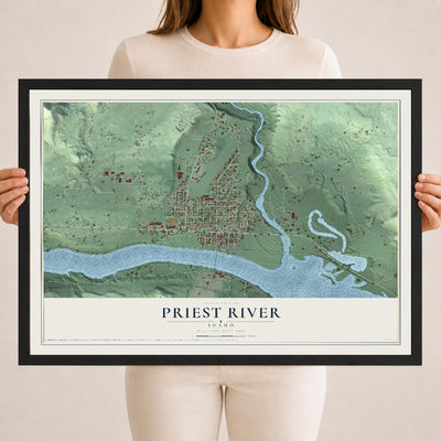Map of Priest River, Idaho, 18 x 24 inch print in a black wood frame