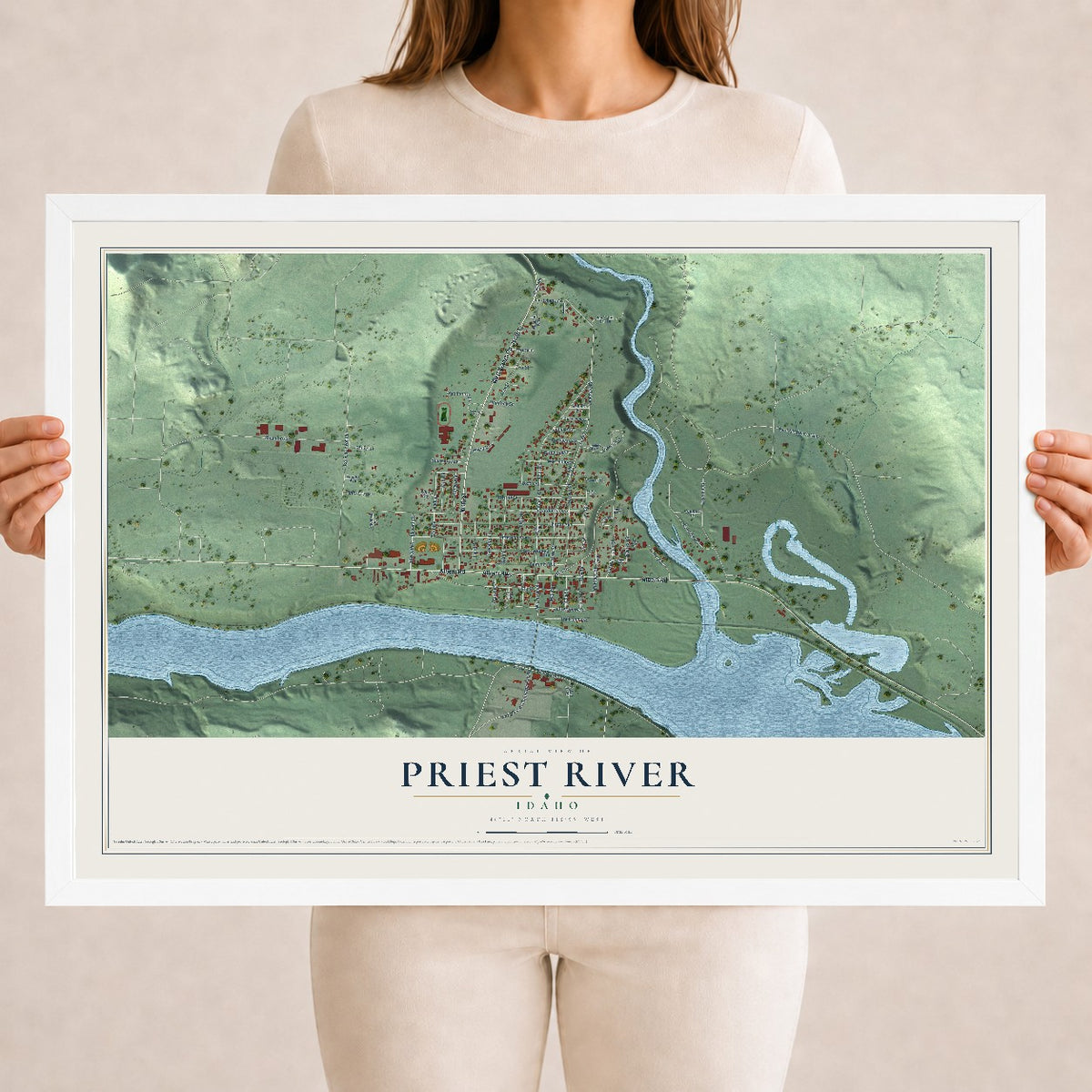 Map of Priest River, Idaho, 18 x 24 inch print in a white wood frame