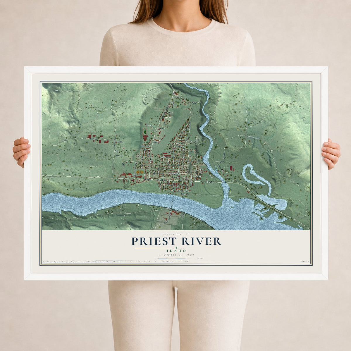 Map of Priest River, Idaho, 24 x 36 inch print in a white wood frame