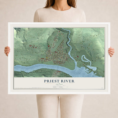 Map of Priest River, Idaho, 24 x 36 inch print in a white wood frame